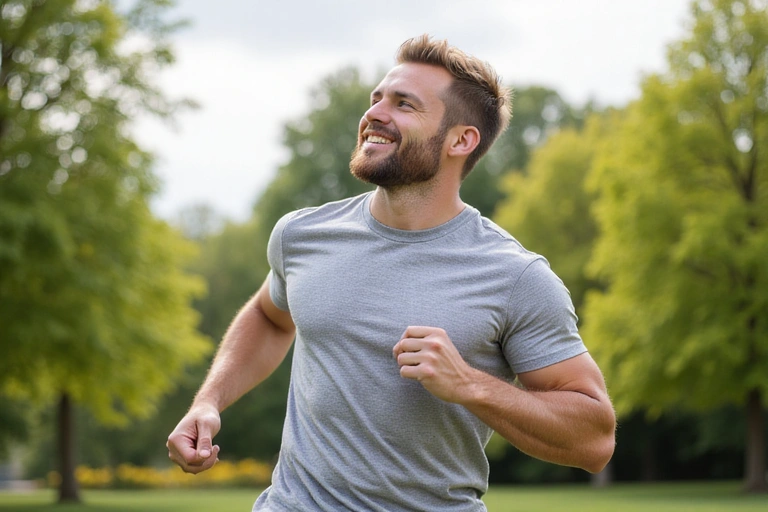 Uomo in salute e vigoroso che pratica attività fisica all'aperto, simbolo di benessere e vitalità.